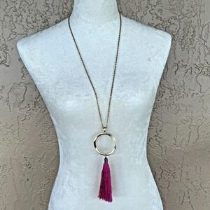 Susan Shaw USA Gold Tone Pink Tassel Boho Long Chain Circle Necklace Vintage